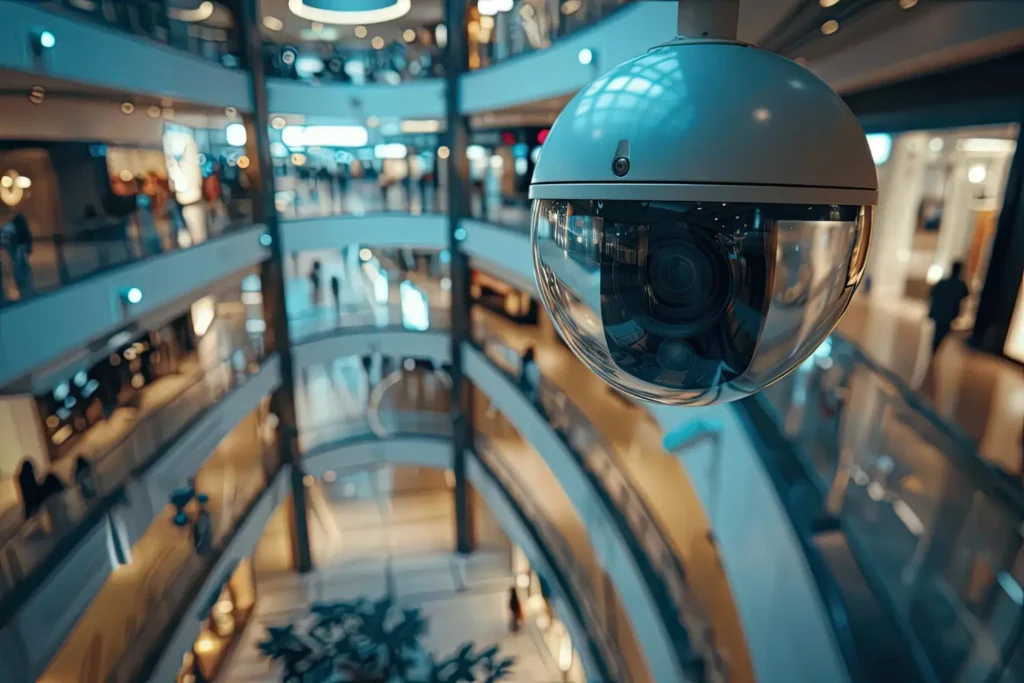 Cámara domo de videovigilancia instalada en el techo de un centro comercial