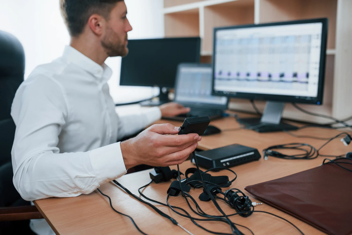 Técnico utilizando un dispositivo de detección electrónica frente a monitores con gráficos de datos